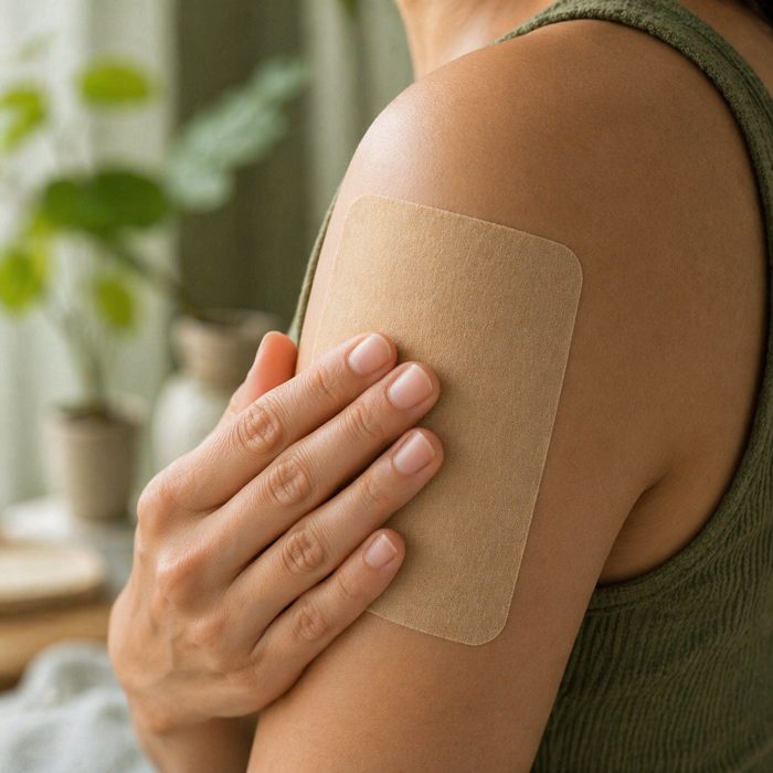 Applying Relief Ease patch to shoulder