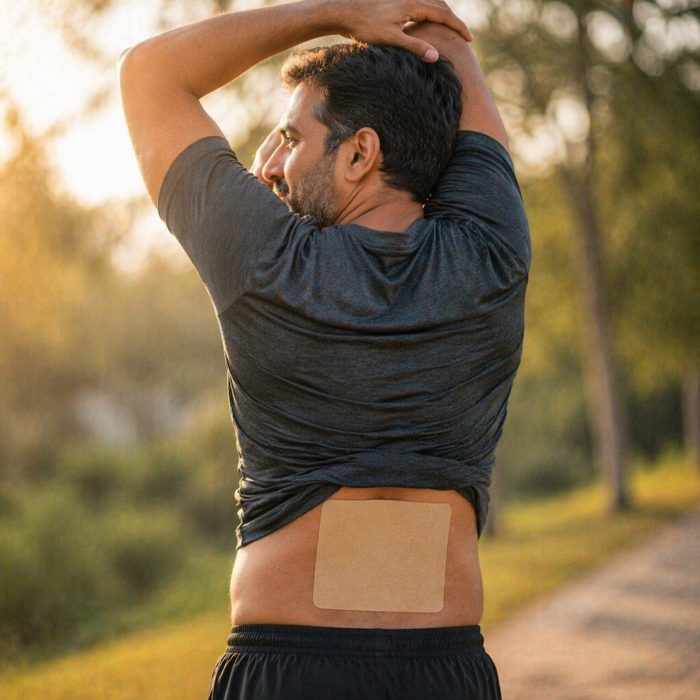Relief Ease patch on lower back during outdoor activity