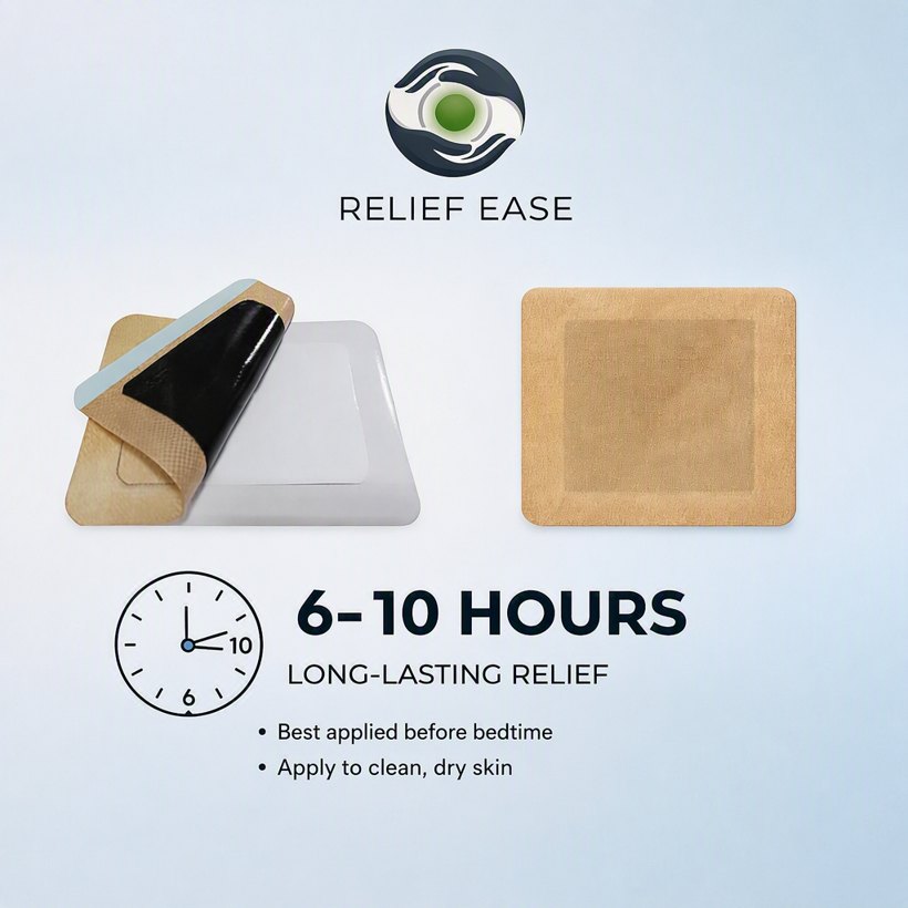 Each Relief Ease patch provides 6 to 10 hours of soothing relief